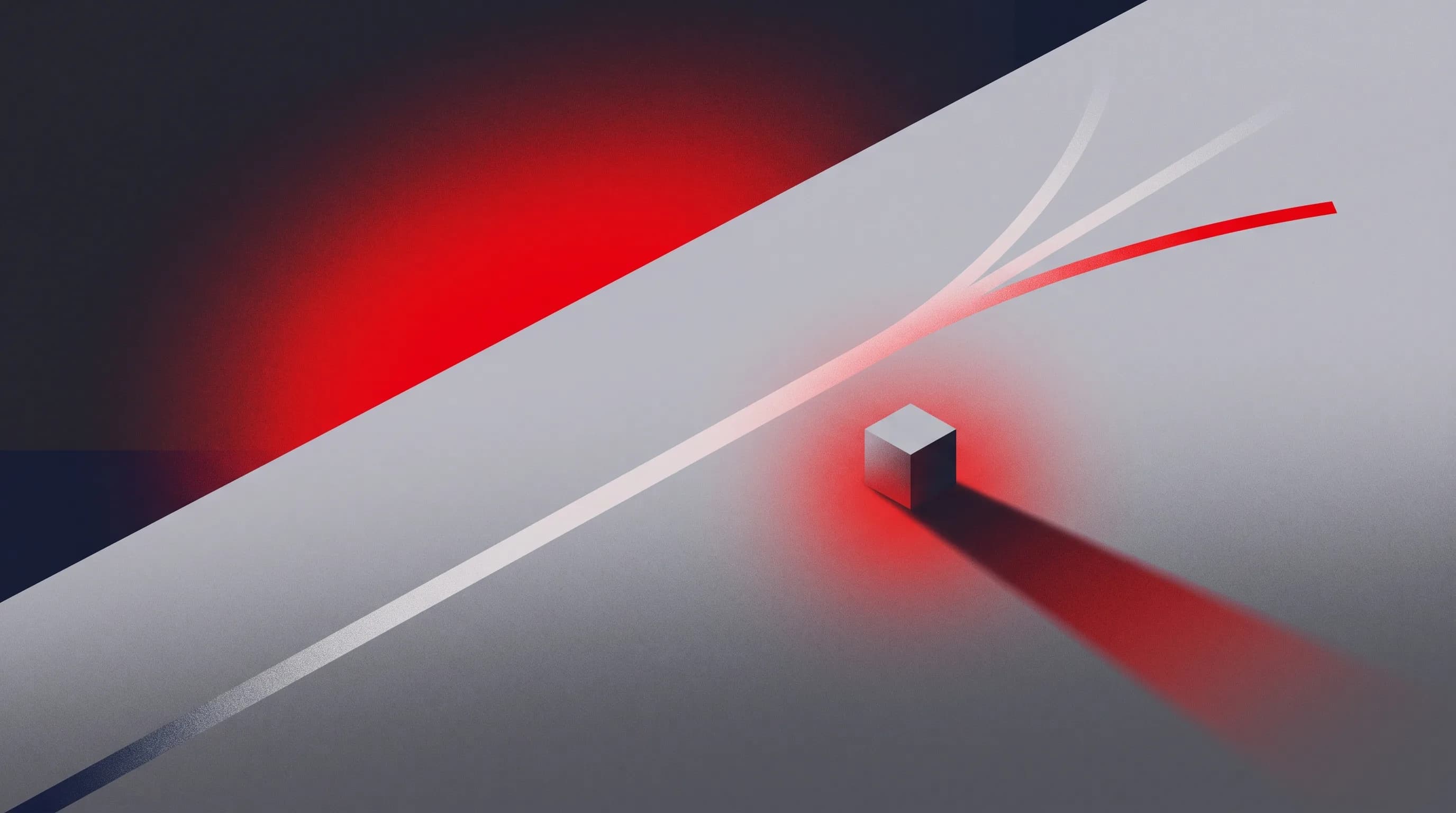 Ein Lichtpfad, der sich über eine graue Fläche in vier Äste teilt, der vierte leuchtet rot