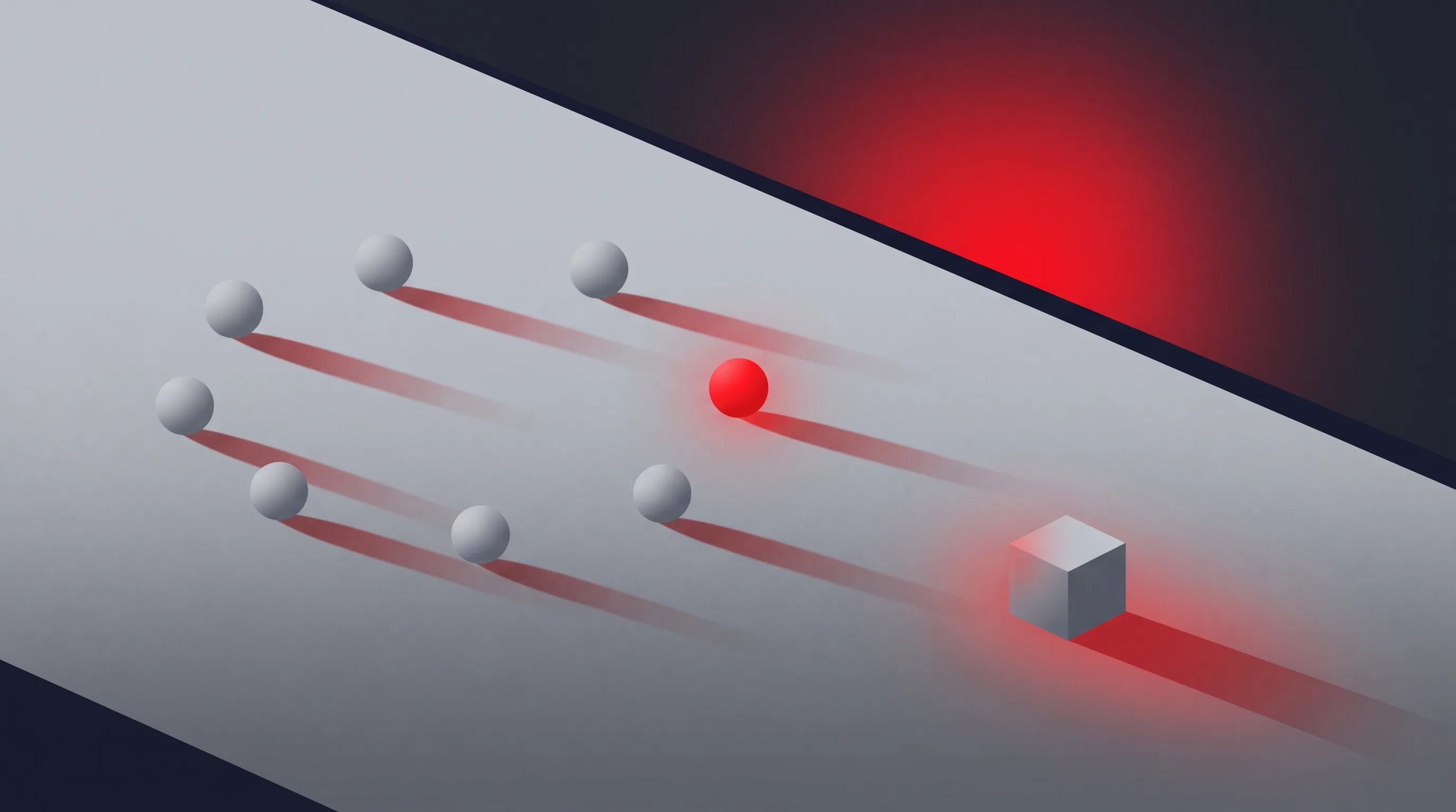 Neun gleich große Kugeln in loser Ringformation, eine davon leuchtet rot