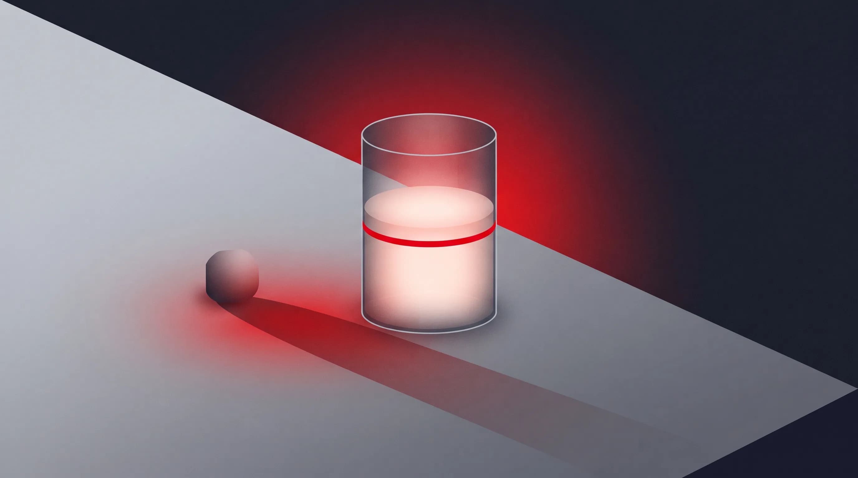 Ein Glaszylinder, halb gefüllt mit leuchtender Masse, der Füllstand rot markiert